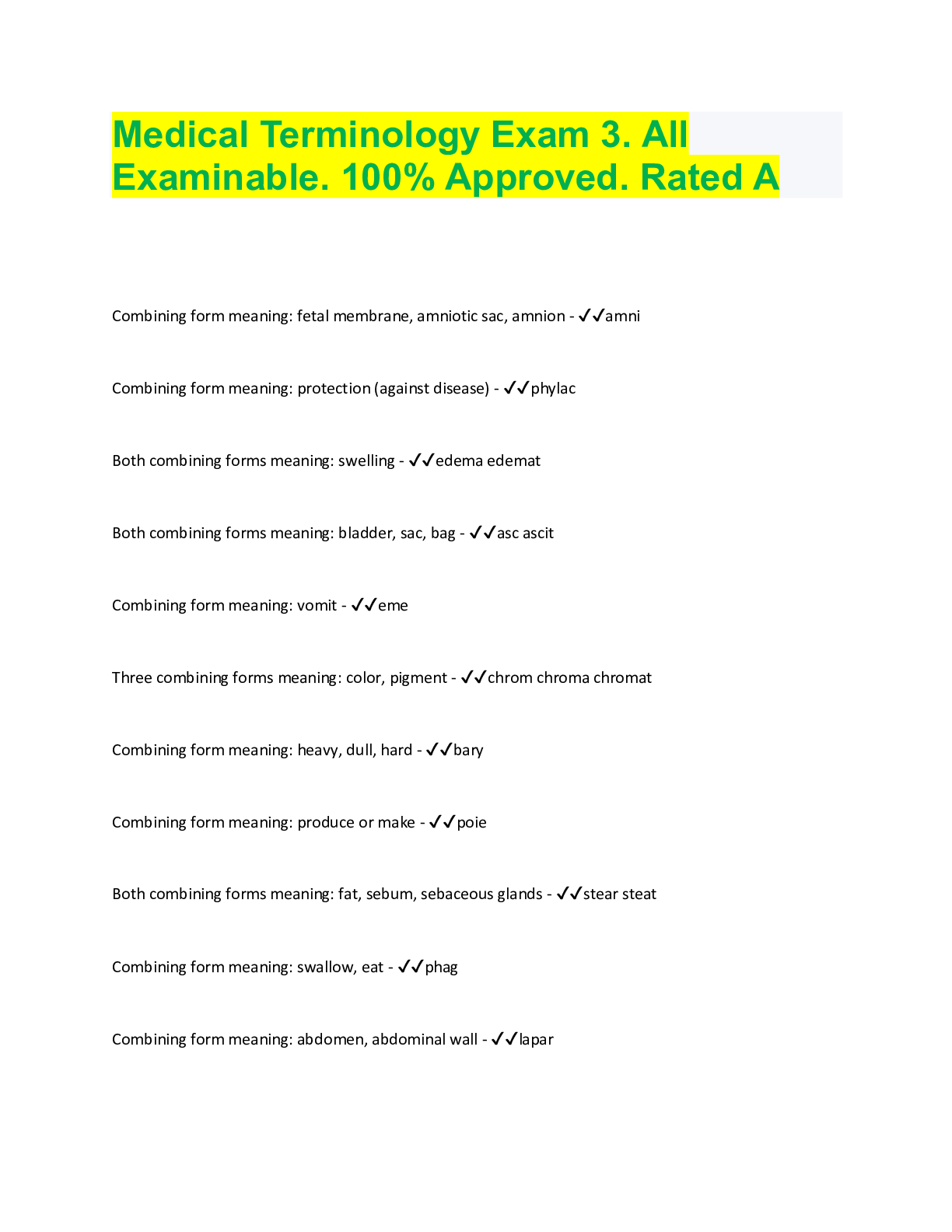 Preview image for Medical Terminology Exam 3. All Examinable. 100% Approved. Rated A